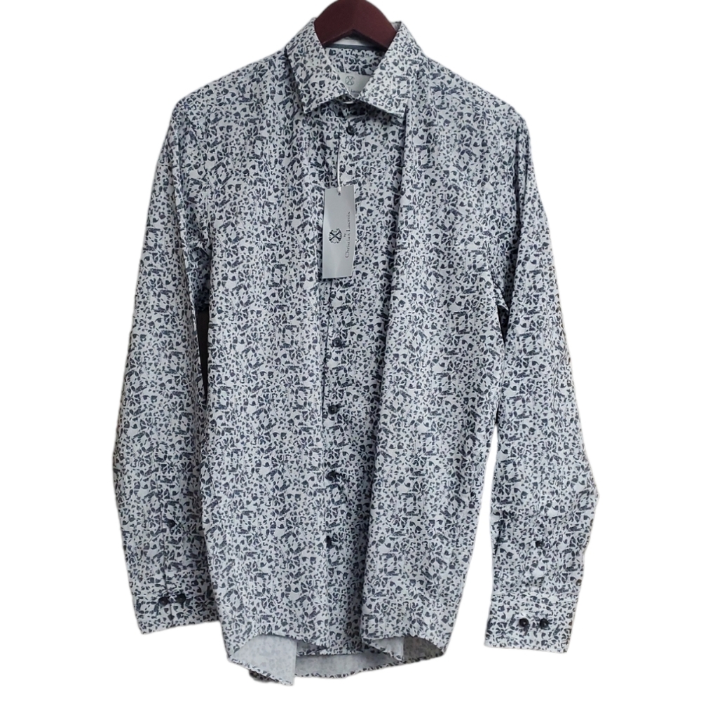 NWT Christian Laceoix Button Down Shirt Blue White Lace Floral Medium 15 1/2